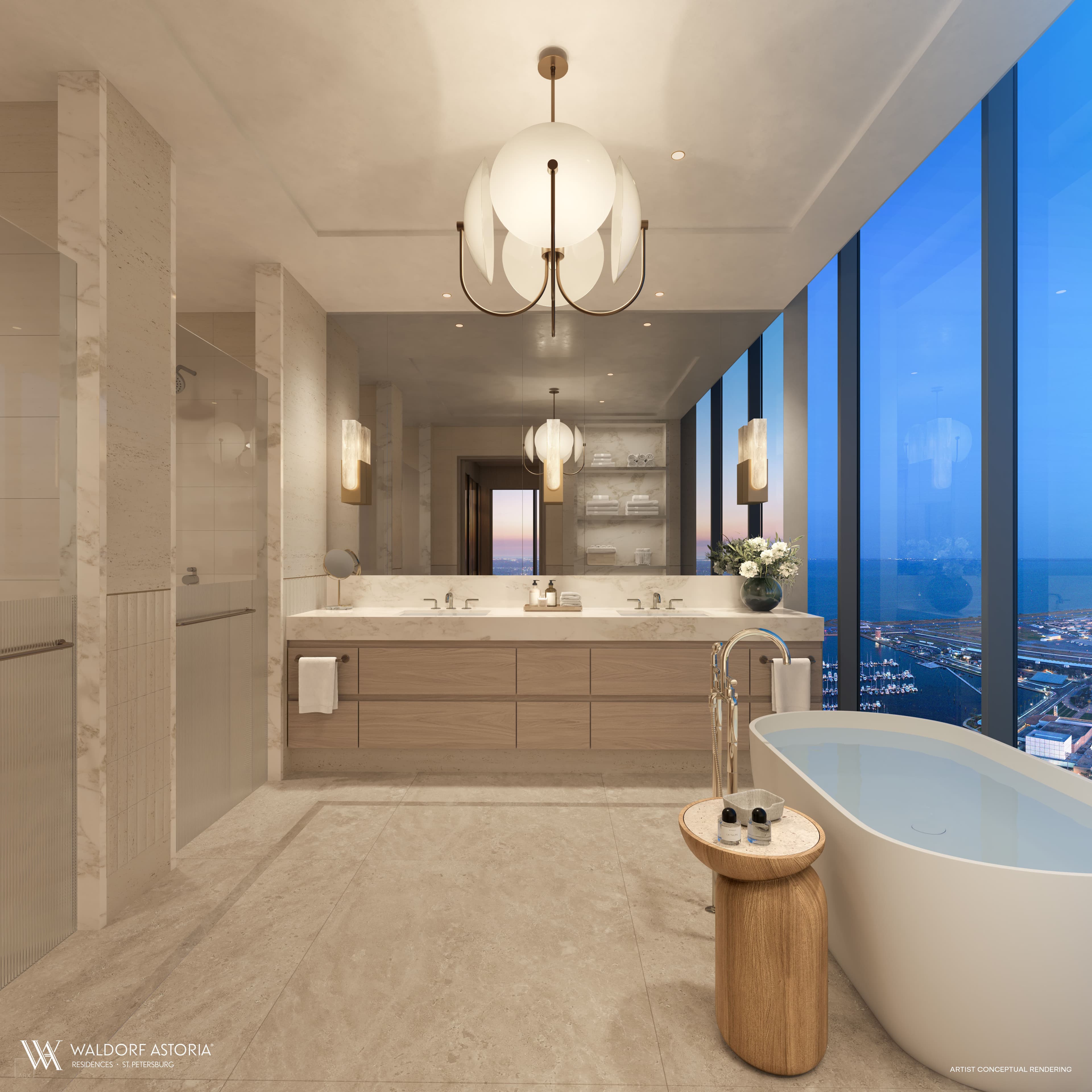 Waldorf Astoria primary bathroom with marble finishes